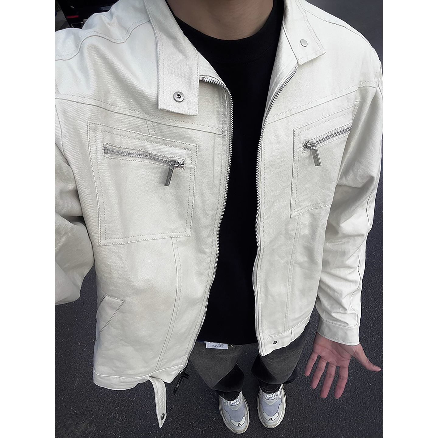 米白色水洗帆布哈灵顿夹克男美式