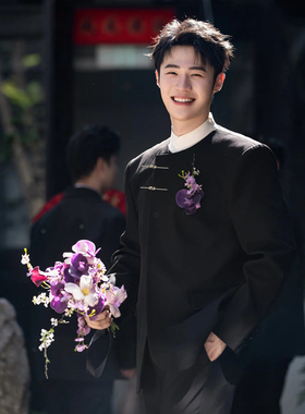 新中山飞机扣垫肩西装套装男高级感结婚订婚礼服dk制服中山装西服