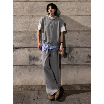 假两件连帽无袖卫衣套装男款夏季