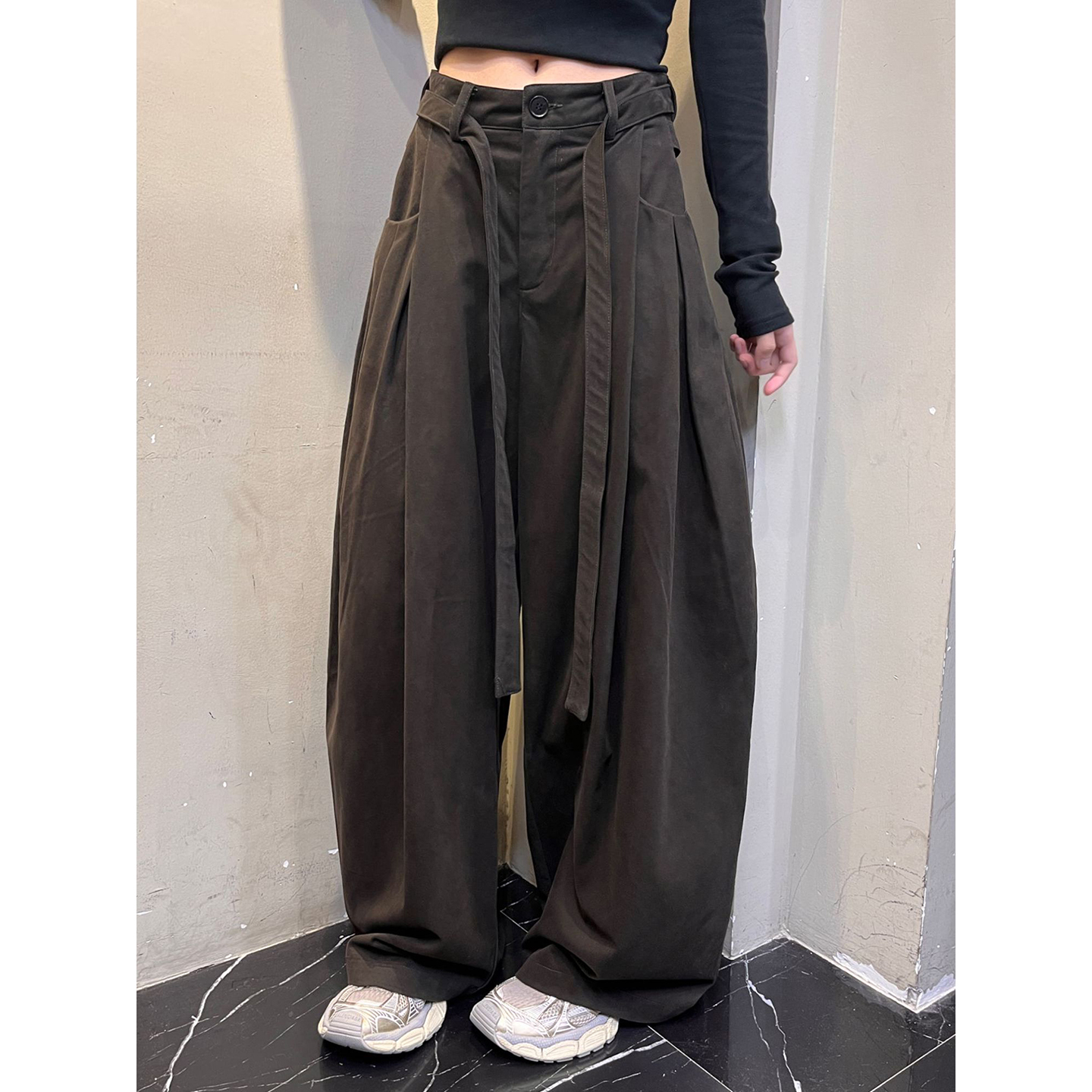 深棕色阔腿弯刀裤子宽松bf慵懒风