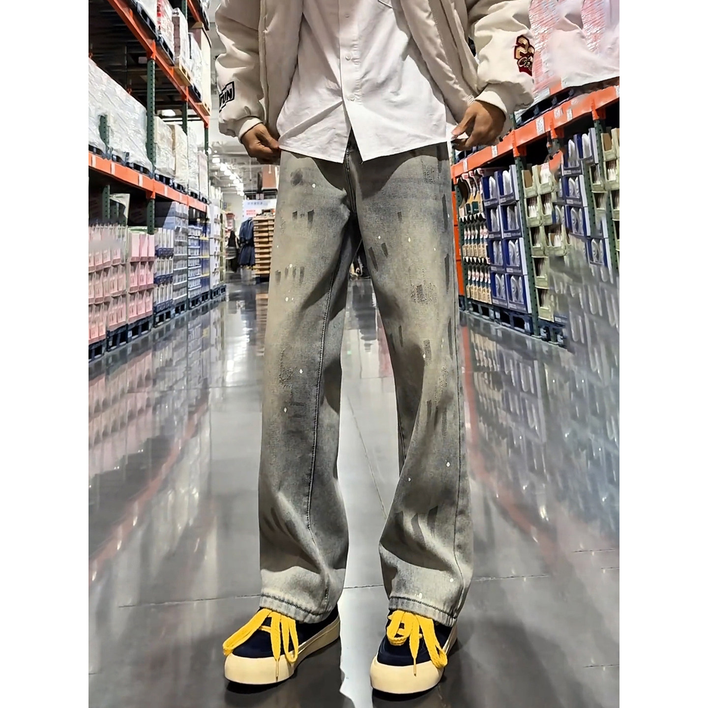 蓝灰色泼墨加绒牛仔裤男秋冬美式高街vibe裤子宽松显瘦直筒微喇裤