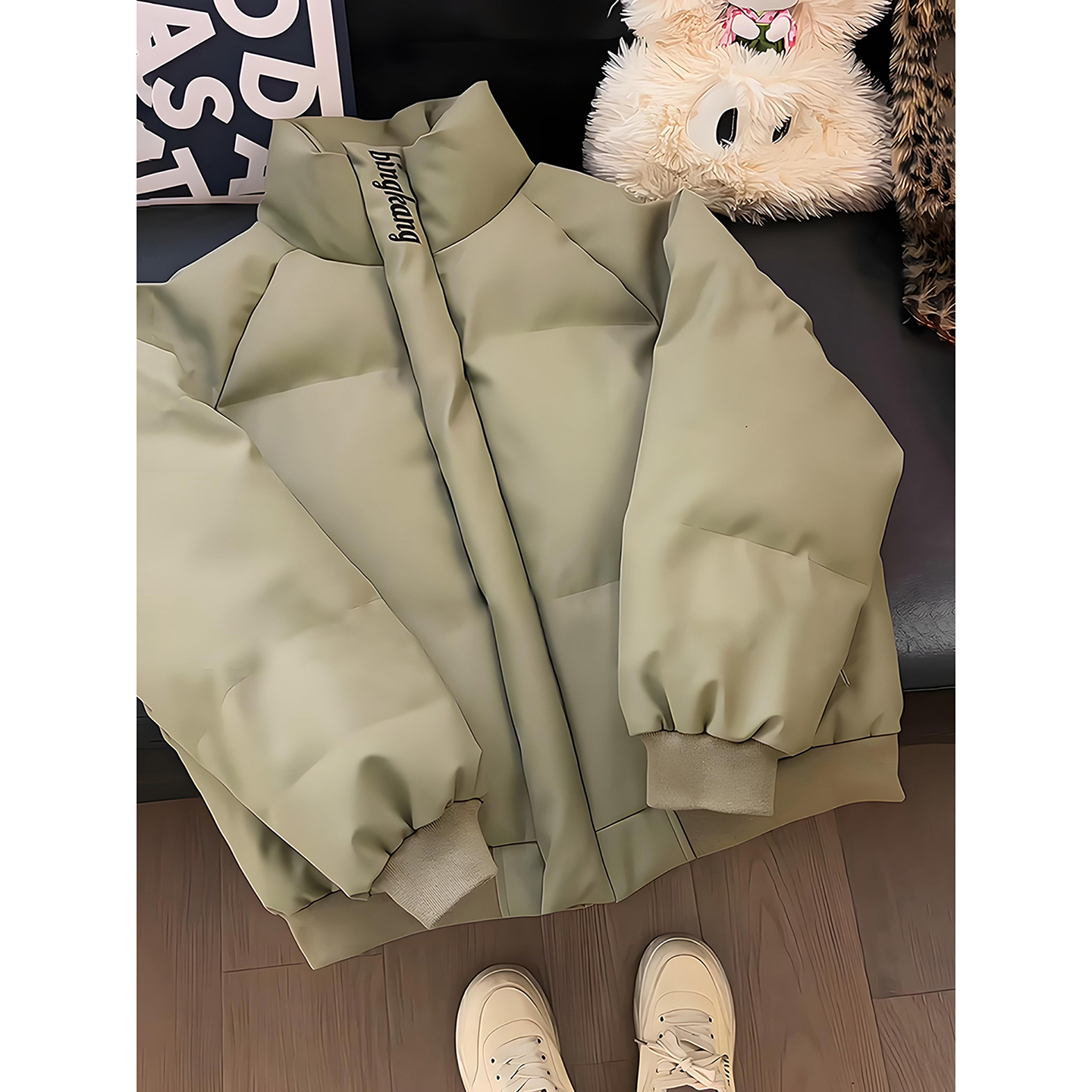 果绿色短款pu皮羽绒棉服男冬季