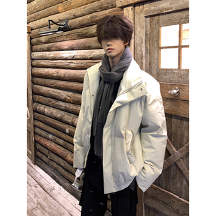 米白色pu皮短款羽绒服男款冬季加厚保暖棉衣外套美式防寒立领棉服