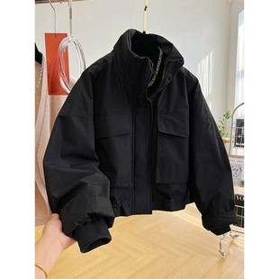 黑色短款骑兵派克服男冬季美式痞帅大口袋冲锋衣立领工装夹克棉袄