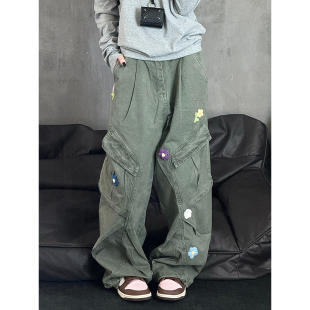 美式vibe多口袋花朵刺绣工装裤男军绿色配aj的裤子直筒褶皱伞兵裤