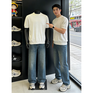 老钱风正肩针织短袖t恤男款螺纹收袖口毛衣韩版弹力修身三分半袖