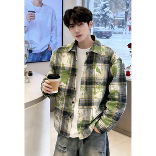 牛油果绿美式扎染格子衬衫男款春季设计感情侣格纹衬衣高级感外套