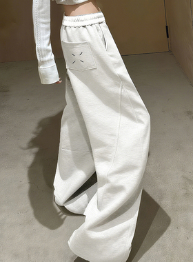 白灰色弯刀卫裤男女款秋冬美式重磅加绒裤子青少年休闲直筒运动裤