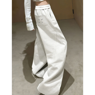 白灰色弯刀卫裤男女款秋冬美式重磅加绒裤子青少年休闲直筒运动裤