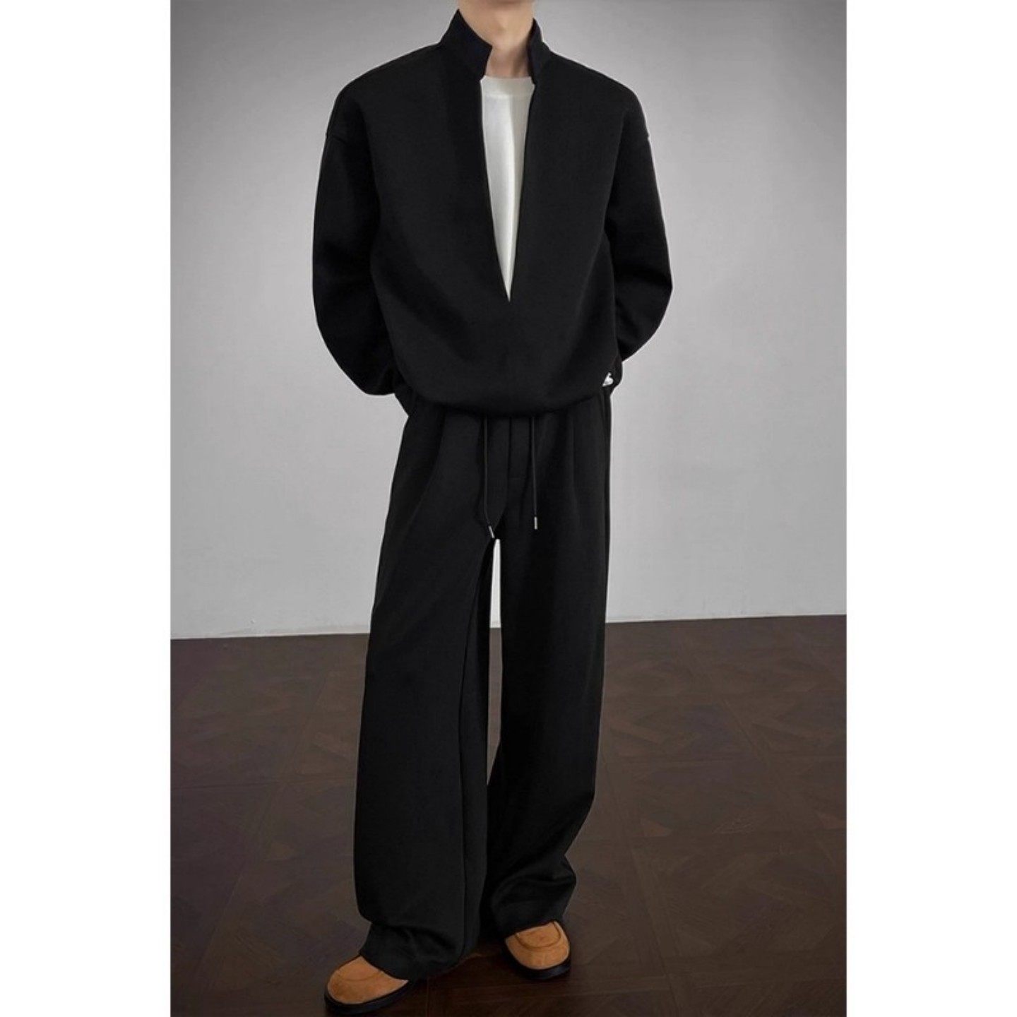 黑色假两件v领卫衣韩版男装高级感套装痞帅老钱风重磅弯刀阔腿裤,男装,时尚套装,淘宝优惠券,粉丝福利购,淘宝优惠卷