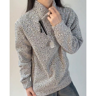 鱼骨纹白色加绒卫衣男女秋冬美式斜拉链立领长袖t恤重磅内搭上衣