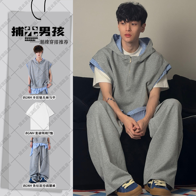 美式高街连帽无袖马甲卫衣男生