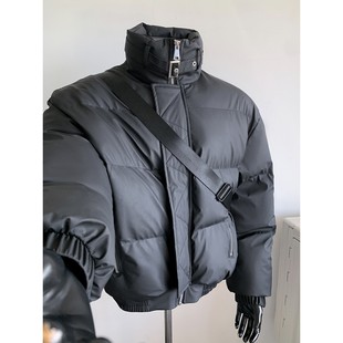 黑色短款潮男冬季高级感棉衣韩系氛围感羽绒棉服无帽立领绑带棉袄