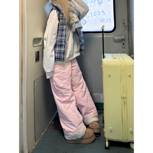 eaho粉色羊羔绒羽绒棉裤男女冬季东北防寒加绒裤子外穿加厚滑雪裤