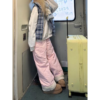 eaho粉色羊羔绒羽绒棉裤男女冬季