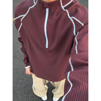 紫红色明线半拉链卫衣男秋季