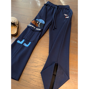 黑色刺绣大口袋工装卫裤男款春秋设计感腊肠狗休闲裤高街vibe长裤