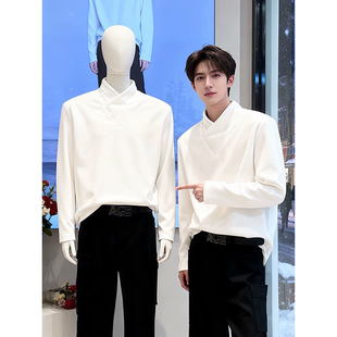 白色垫肩堆堆领卫衣男款秋冬高级感内搭打底衫美式半高领长袖t恤