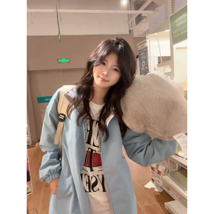 蓝色fitcheck格子拼接飞行夹克女独特漂亮初秋外套美式翻领棒球服