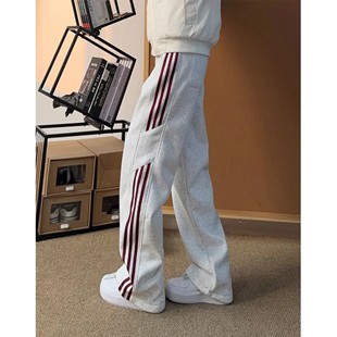 白花灰三条杠加绒卫裤男款秋冬美式条纹微喇裤子学院风运动休闲裤