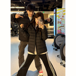 黑色轻量化排骨羽绒服男秋冬修身百搭设计感短款外套连帽情侣棉衣