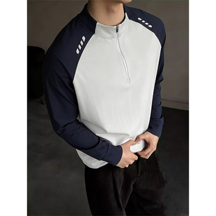 健身长袖半拉链t恤男款春秋季拼色设计感速干运动骑行训练服上衣