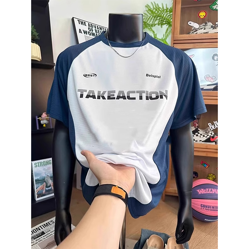 撞色拼接美式篮球服短袖t恤男夏季冰丝速干羽毛球足球衣服打底衫