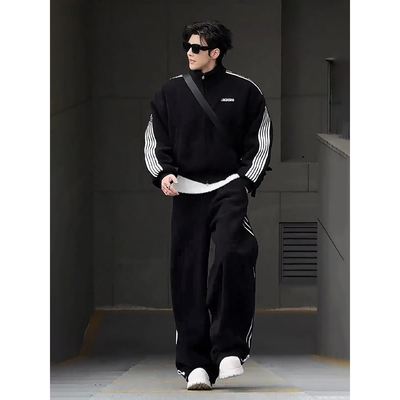 美式条纹摇粒绒棉服冬季男生帅气