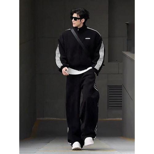 美式条纹摇粒绒棉服冬季男生帅气