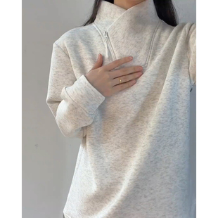 白花灰半高领斜拉链卫衣男女秋冬设计感长袖t恤加绒加厚内搭上衣