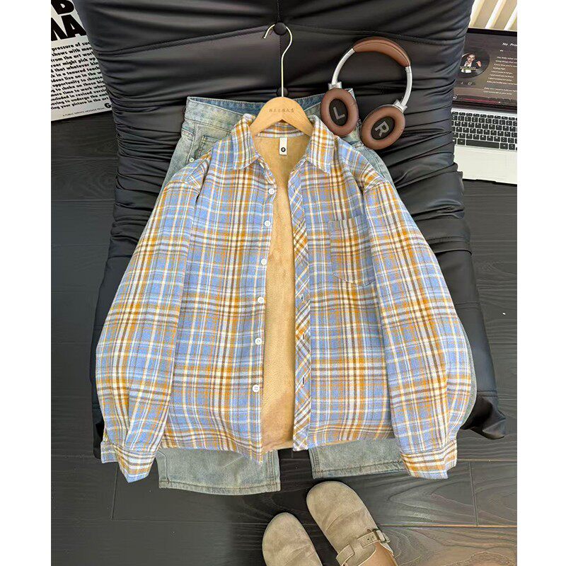 vintage黄格子加绒衬衫男秋冬