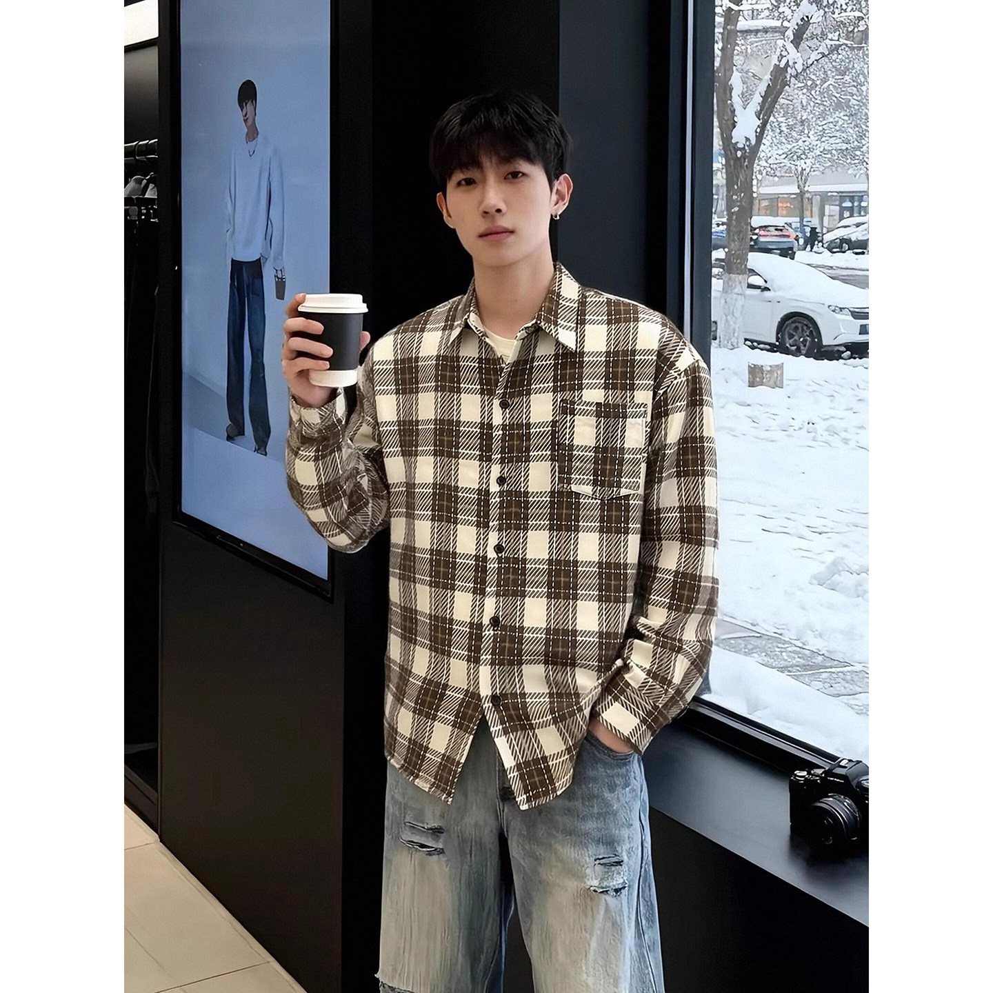 咖啡色格子长袖衬衫男款春秋叠穿美拉德内搭衬衣美式复古磨毛外套,男装,衬衫,淘宝优惠券,粉丝福利购,淘宝优惠卷