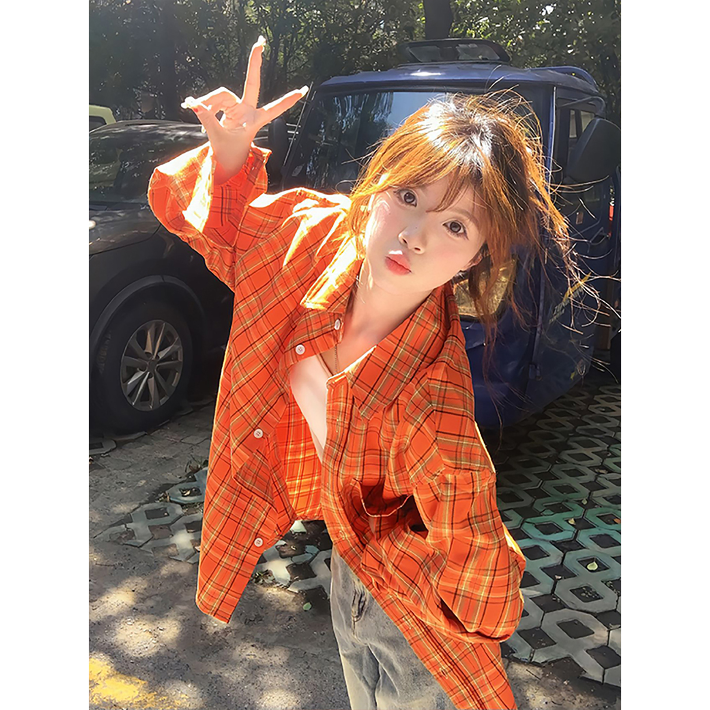 多巴胺亮橘色格纹衬衫男女慵懒风
