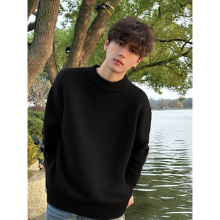 cleanfit黑色圆领毛衣男款冬季加绒加厚外套痞帅高级感内搭打底衫