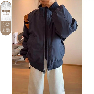 藏青色bomber飞行夹克羽绒服冬季男短款立领棒球棉服美式二棉外套