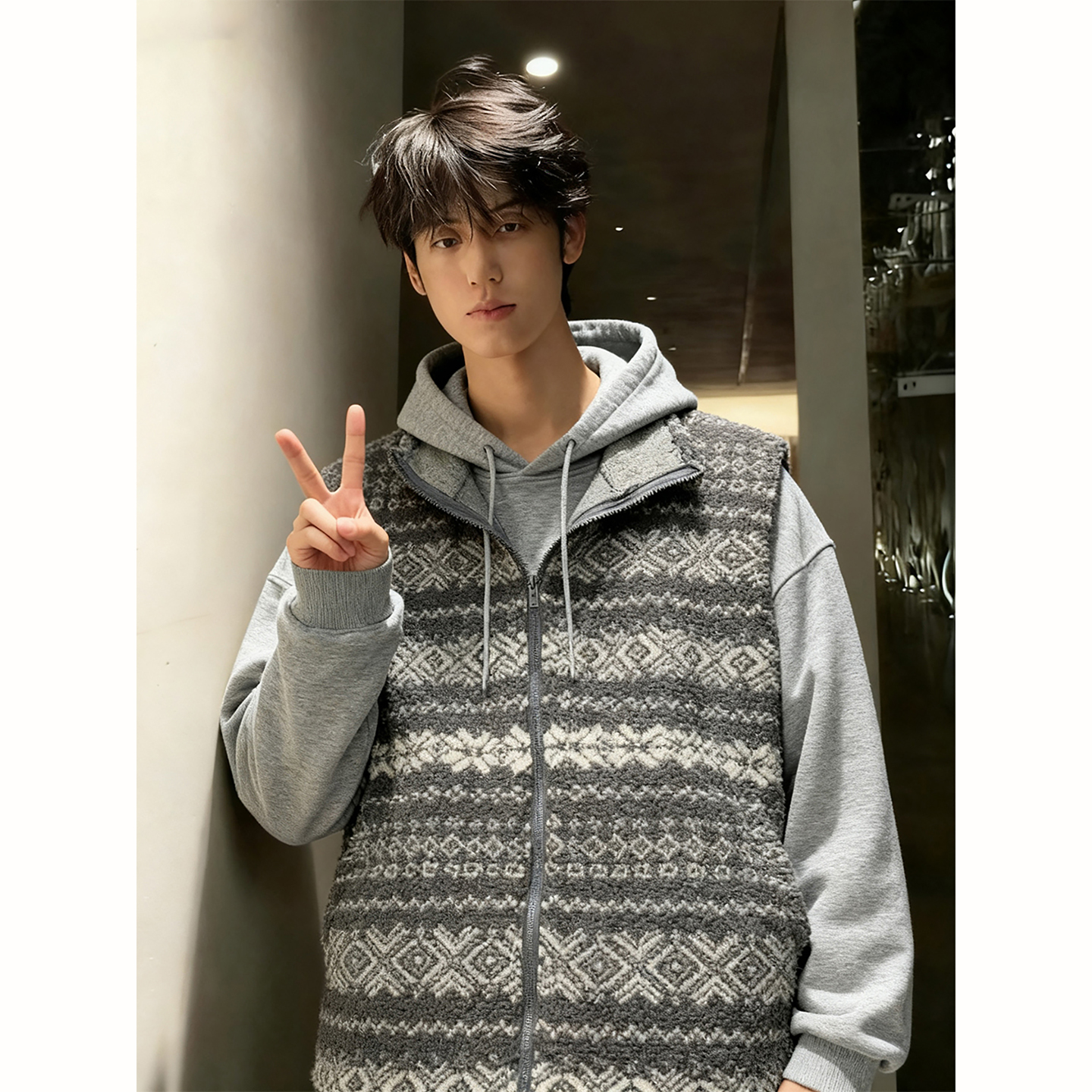 费尔岛羊羔毛马甲男冬季美式复古