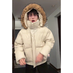 高级感痞帅加厚pu皮面包服 羽绒服冬季 可拆卸连帽毛领男士 高档短款