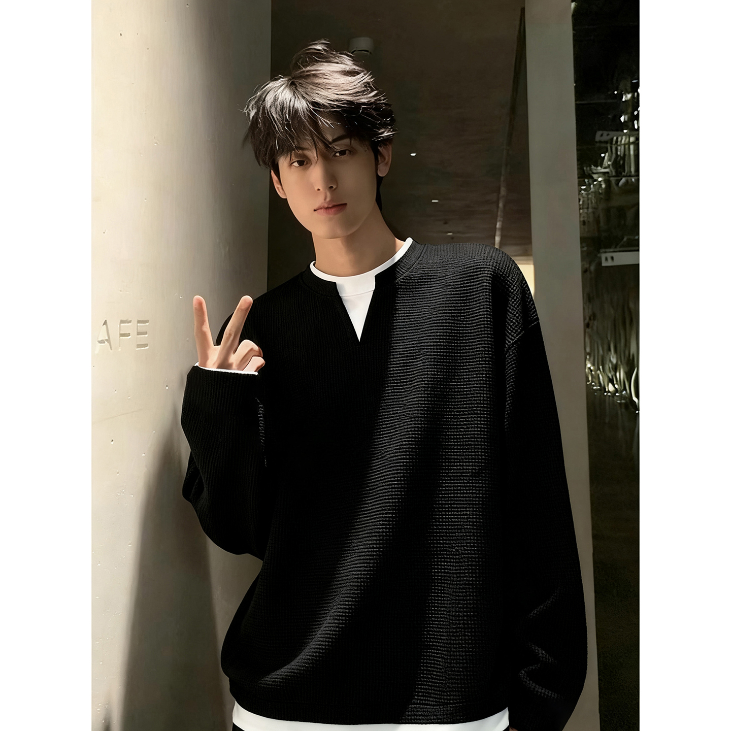 华夫格假两件v领长袖t恤秋冬加绒