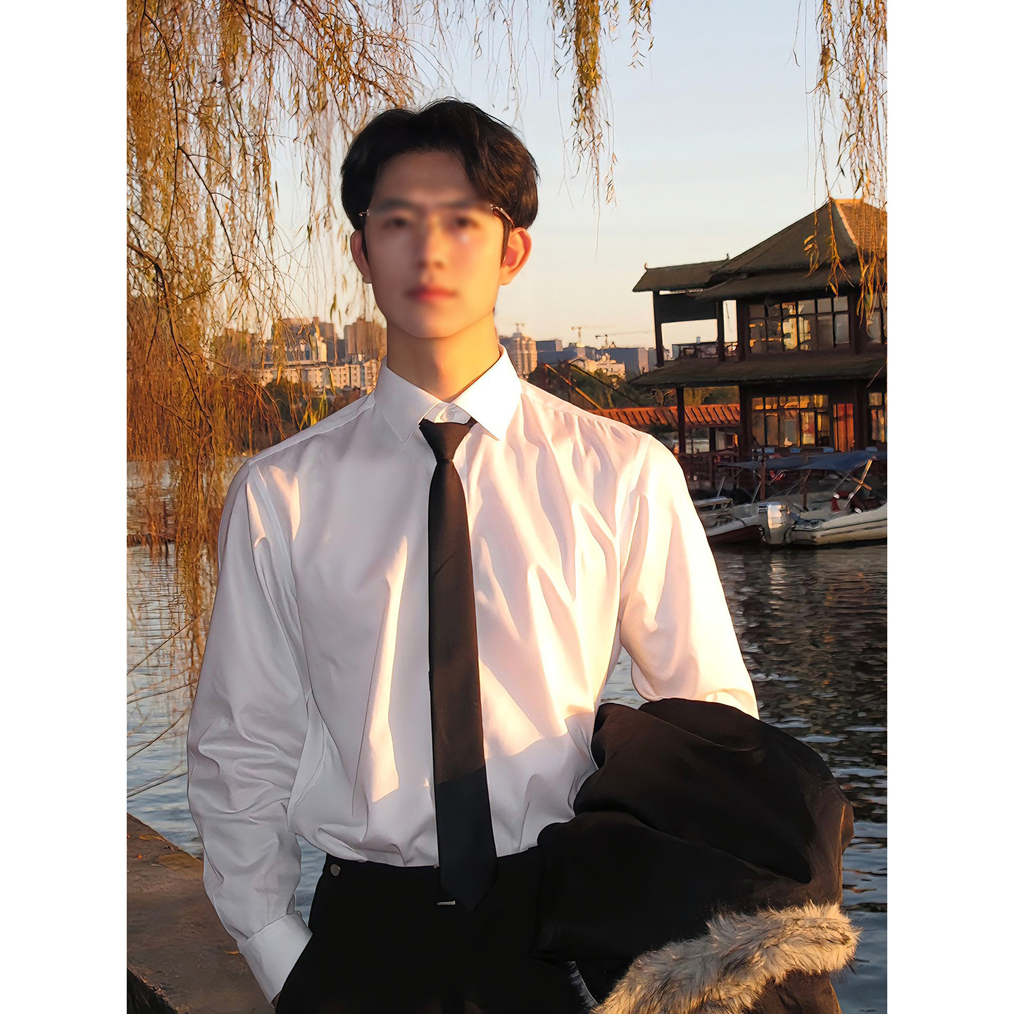 白色加绒长袖衬衫男款人夫感穿搭