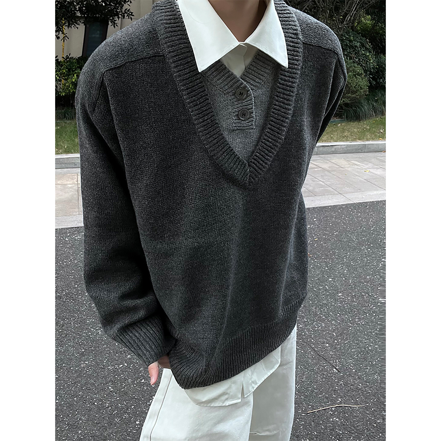 深灰色假两件V领毛衣秋冬高级感