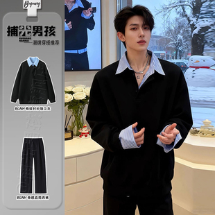 高知miu系男士长袖加绒衬衫酷帅穿搭一整套假两件条纹polo衫卫衣