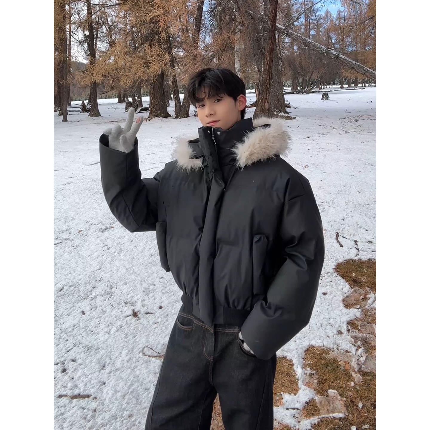 美式毛领连帽PU皮羽绒棉服男冬季