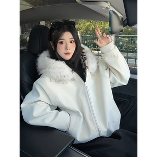 短款 双面穿豹纹连帽外套美式 夹克棉服 冬季 杏色毛领pu皮棉衣男女款