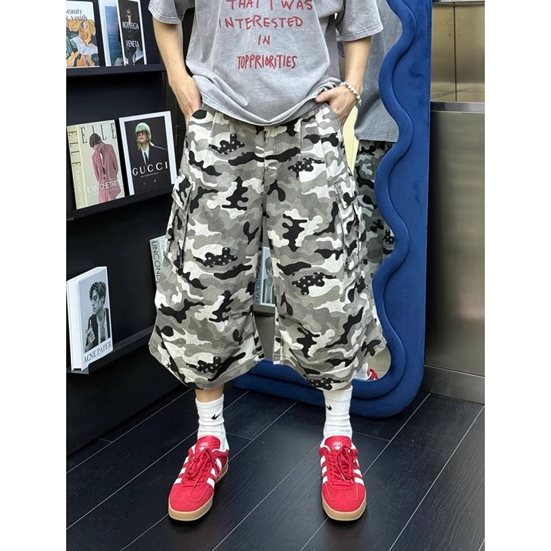 高级感复古迷彩牛仔短裤男款夏季