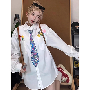 涂鸦带领带dk白色长袖衬衫男女夏季薄外套手绘花卉刺绣jk衬衣上衣