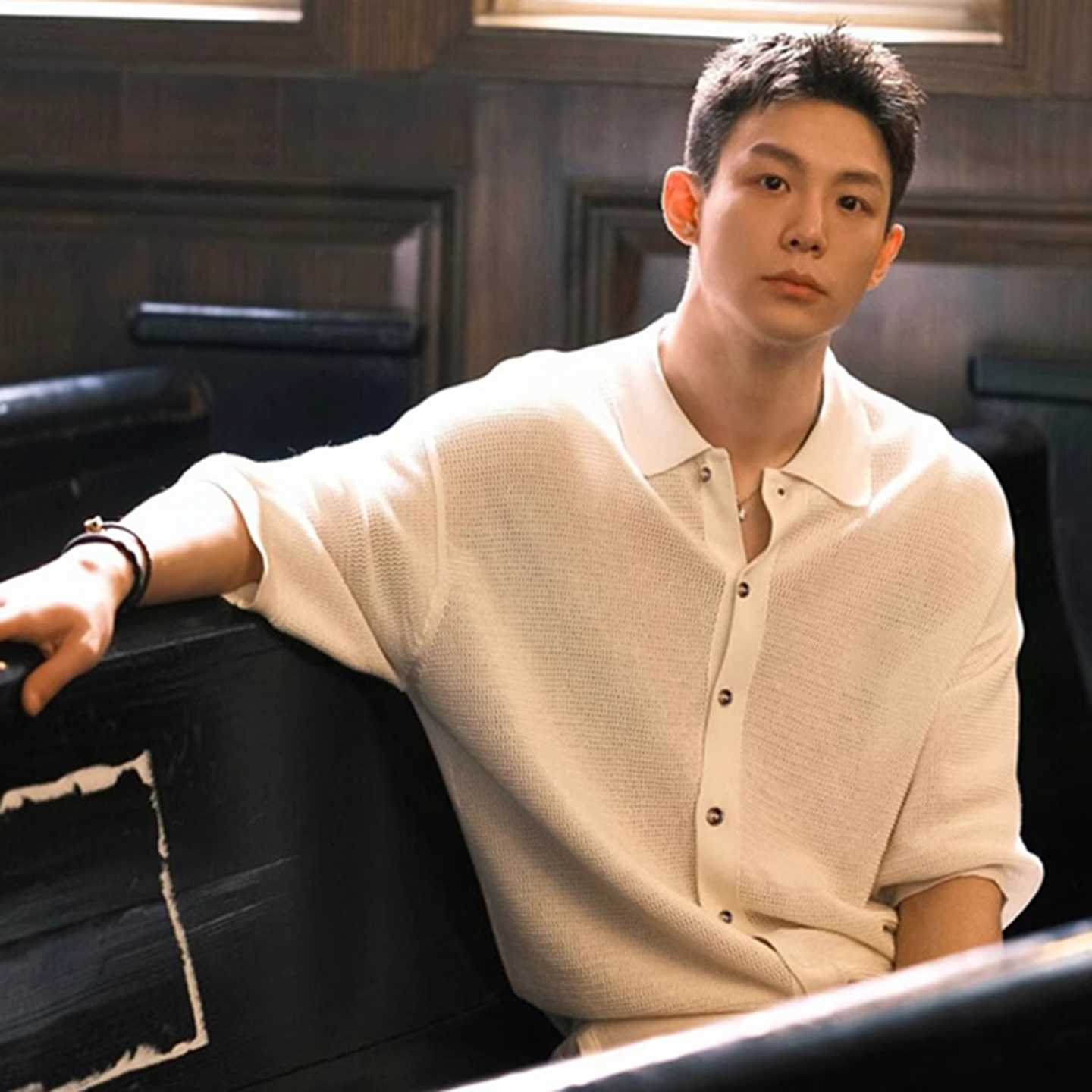 提花收腰老钱风针织短袖衬衫男士