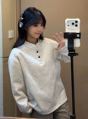 cleanfit白灰色亨利领长袖t恤男春季美式重磅卫衣加绒保暖polo衫