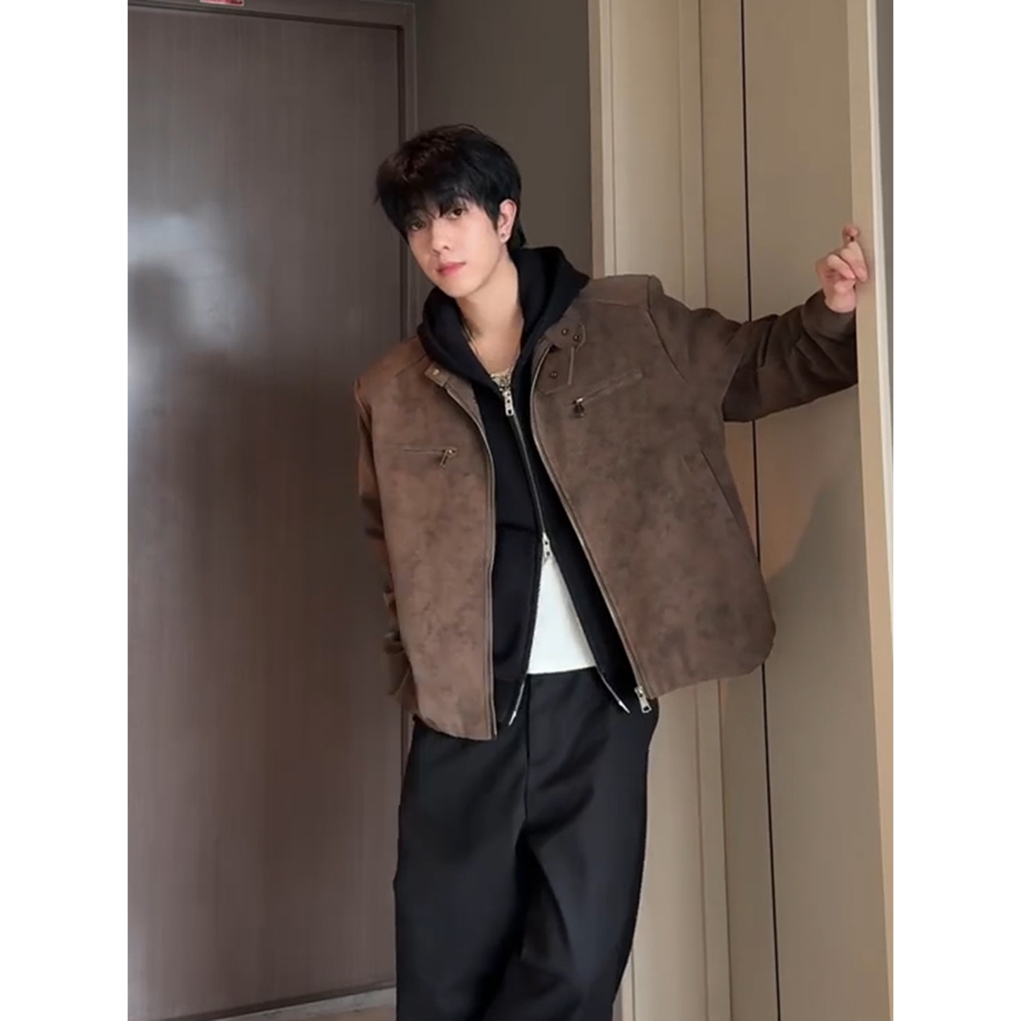 美拉德棕色皮衣外套男秋季美式