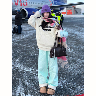 冬天多巴胺穿搭裤子男女东北零下40度外穿保暖裤子摇粒绒滑雪长裤