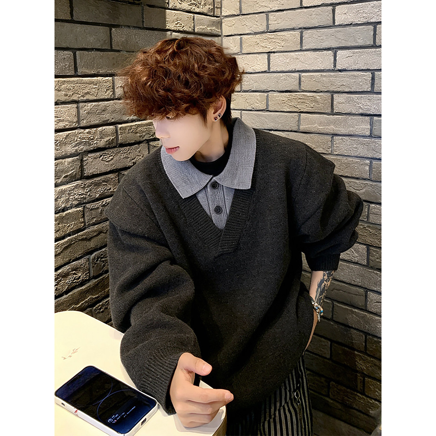 老钱风复古毛衣男款秋冬季假两件拼接针织衫高级感韩系打底毛线衣,男装,针织衫/毛衣,淘宝优惠券,粉丝福利购,淘宝优惠卷